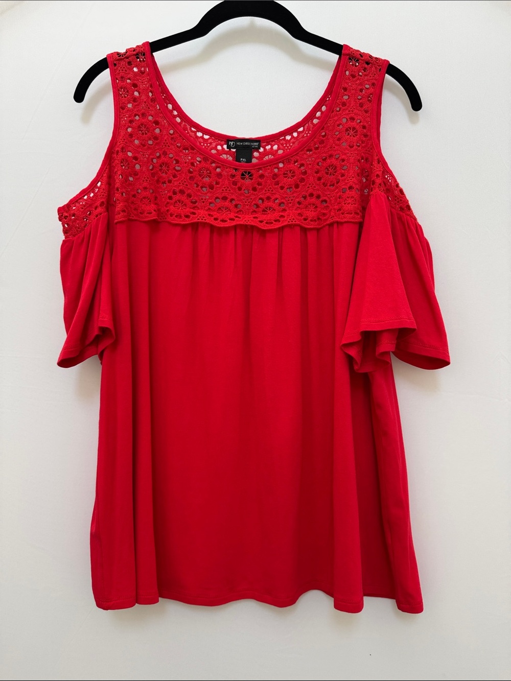 New Directions Red Cold-Shoulder Crochet Yoke Top